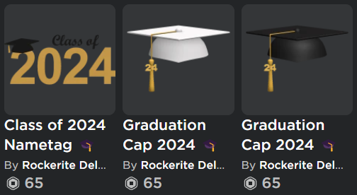 ✨ Congratulations to the Graduating Class of 2024! 🎓 Graduation is almost here! Check out brand new Class of 2024 themed UGC items! Now available in Rockerite Deluxe! 🔗Link: roblox.com/catalog?Keywor… #Roblox #RobloxUGC #RobloxDEV