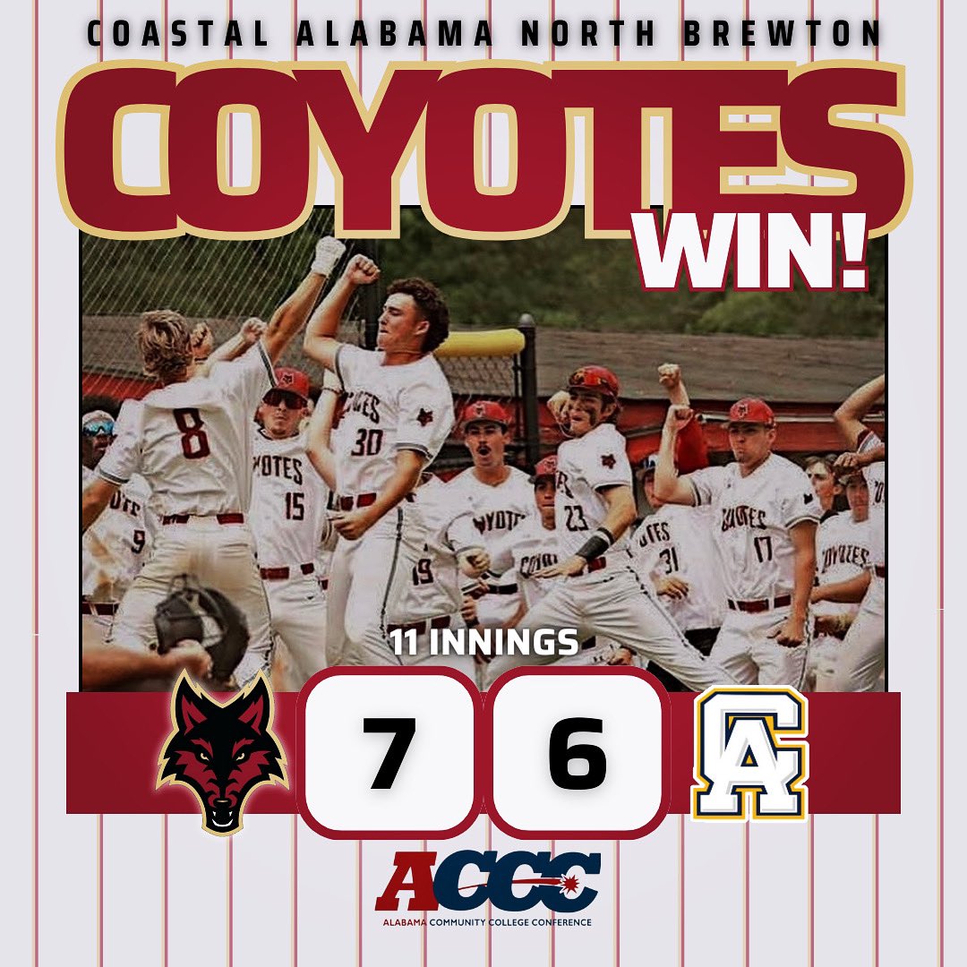 CoastalAL_North's tweet photo. BSB | We’re going to the SHIP! With a huge 11-inning win we have advanced as the lone undefeated team heading into tomorrows championship game starting at 12 PM! 

#GOYOTES | @CoastalAlaCC @acccathletics @CACCWarhawksBsb https://t.co/VntfdJ8UQi