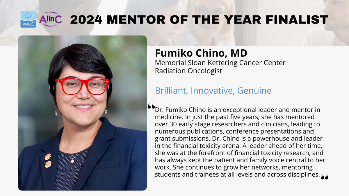 Meet our second finalist for Mentor of the Year, Radiation Oncologist Fumiko Ladd Chino from Memorial Sloan Kettering Cancer Center in New York! @fumikochino @MSKCancerCenter @ca_chung #leadership #medonc #mentor #womenincancer #allincancer