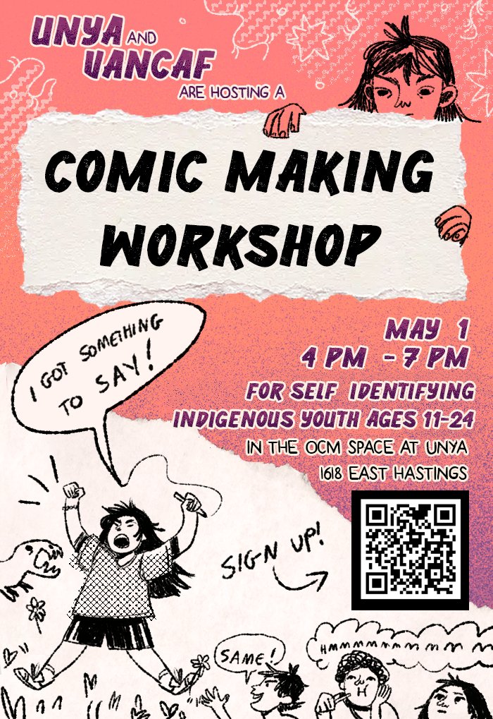 VanCAF (@vancouvercomics) on Twitter photo This year, we're doing something a little different and WONDERFUL-together with <a href="/UNYAyouth/">Urban Native Youth Association (UNYA)</a> the incredible <a href="/mkchibs/">mayughghhhh</a> is leading a comic making workshop next Wednesday from 4-7PM! look at all the details and sign up via the poster, and look for the zine at the Festival!! #vancaf2024 This year, we're doing something a little different and WONDERFUL-together with <a href="/UNYAyouth/">Urban Native Youth Association (UNYA)</a> the incredible <a href="/mkchibs/">mayughghhhh</a> is leading a comic making workshop next Wednesday from 4-7PM! look at all the details and sign up via the poster, and look for the zine at the Festival!! #vancaf2024