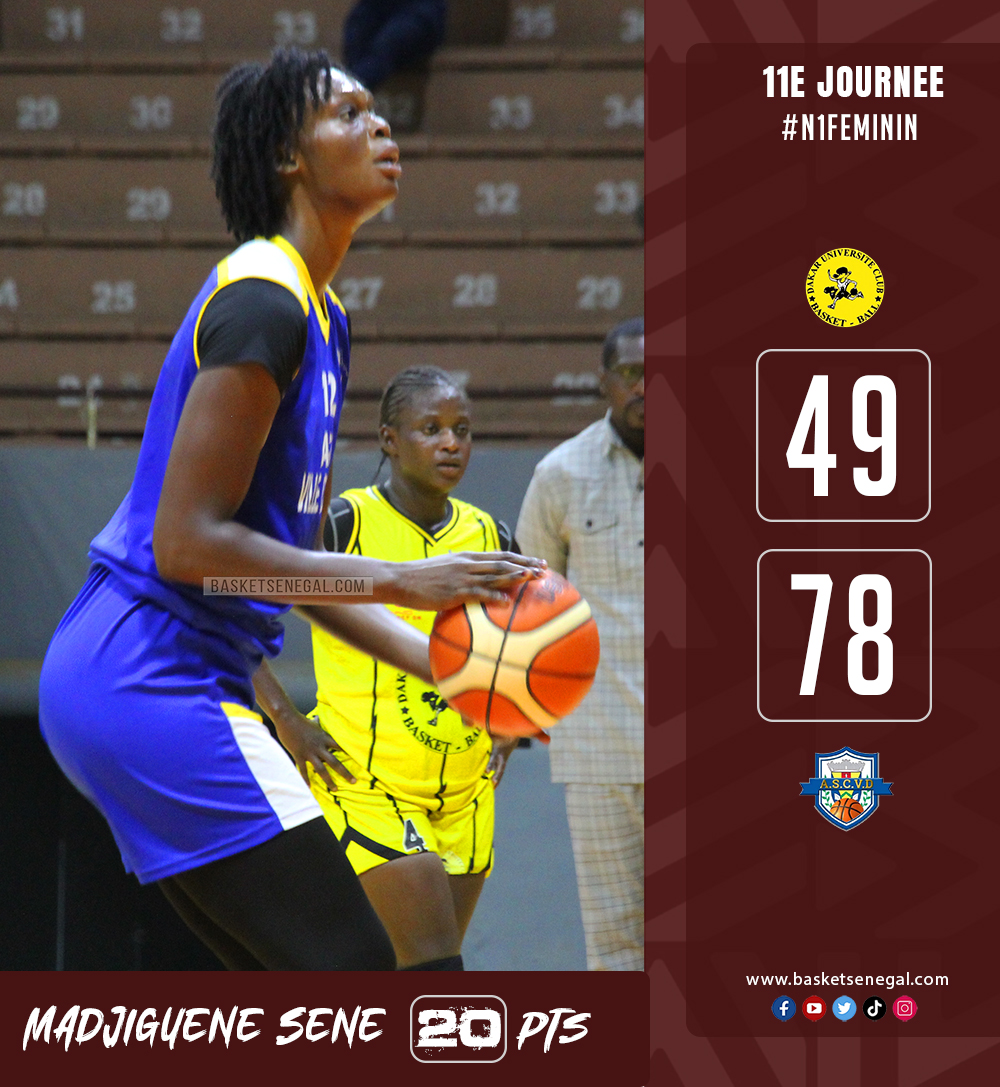 #n1feminin / 11e journée🏀 Ville de Dakar s'adjuge le derby contre DUC (78-49). Le secteur intérieur, avec Madjiguene Sène (20 points) a fait la différence. #basketsenegal #duc #ascvd