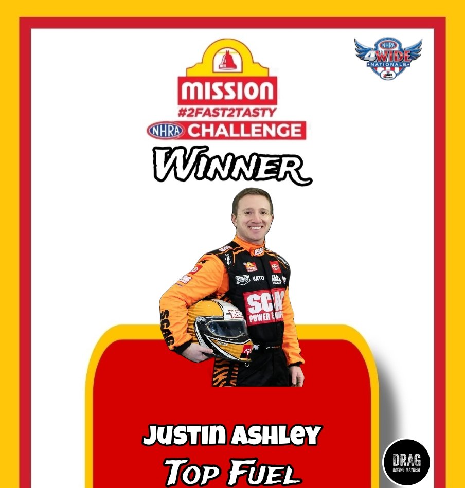 . @TheJustinAshley WINS the 2FAST2TASTY challenge in Topfuel 

#NHRA #4WideNats