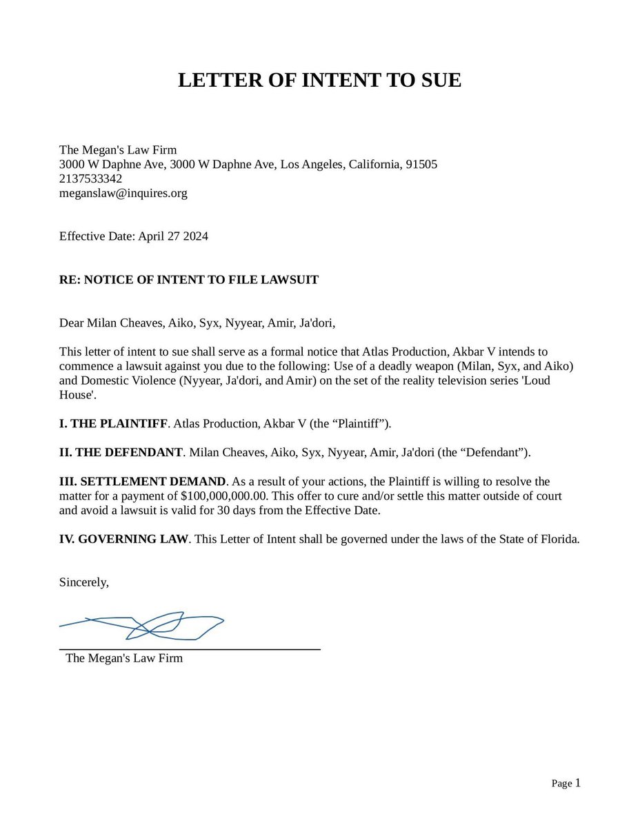 BaddiesOnAtlas's tweet photo. On the new series Loud House, incidents have happened between Milan Cheaves @blondetstic &amp; multiple cast mates which ended up in her decision to sue Atlas @TheRealAtlaxs and a few cast members for over 100 million dollars.

Below are her letters of intent to sue
#AtlasLoudHouse https://t.co/pswLSsuv5m
