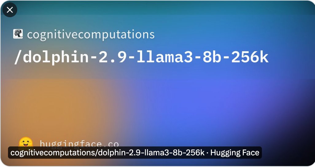 dolphin-2.9-llama3-8b-256k is released. It is dolphin-2.9-llama3-8b with @winglian's awesome 256k context adapter applied. I will get the model card done today.