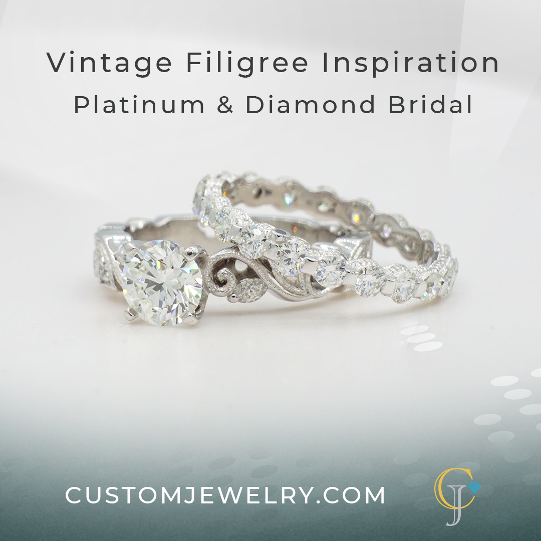 Step into timeless elegance with our Vintage Filigree Inspired Platinum & Diamond Bridal set. A true testament to enduring love and classic beauty. 💍✨ Explore the collection at customjewelry.com 

#VintageElegance #BridalJewelry #FiligreeDesign