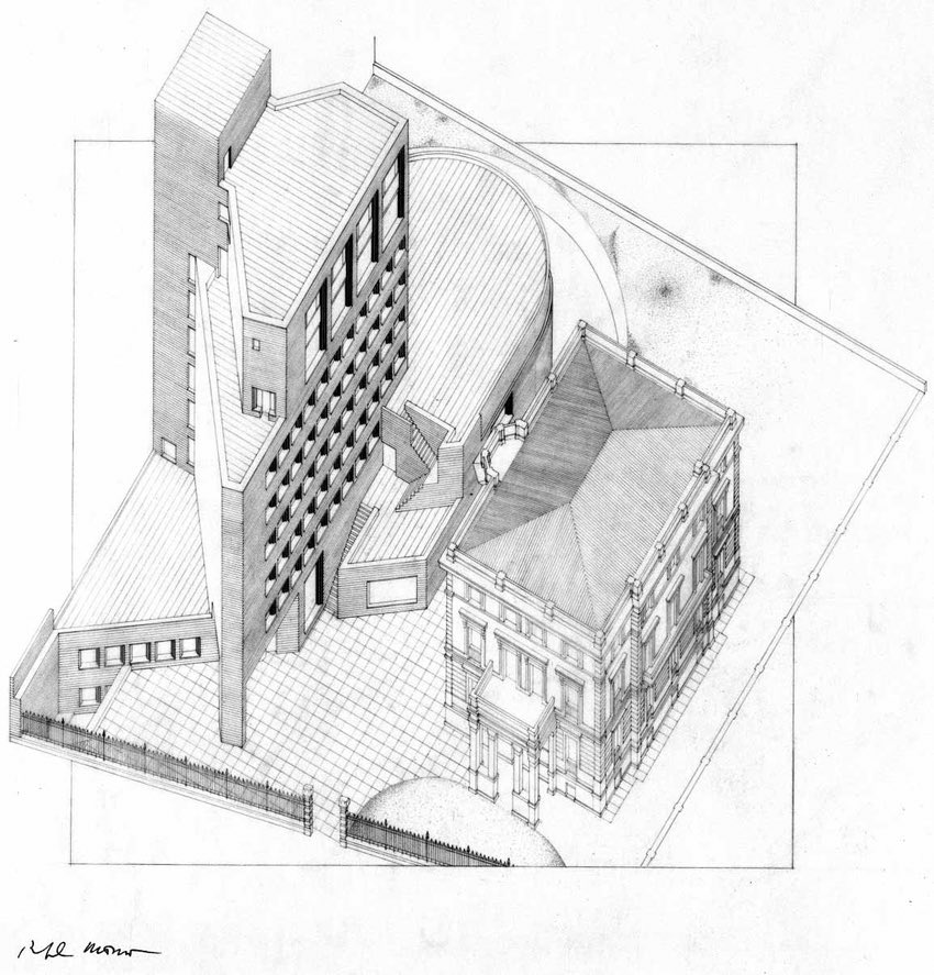 One of Rafael Moneo’s opening slides to last Thursday’s lecture in memory of Niall McCullough - his axonometric drawing of Bankinter on the Paseo de Castellano in Madrid - a dense essay with deep reference to Asplund, Gardella, Terragni, Sullivan, Rossi, Venturi, and Stirling