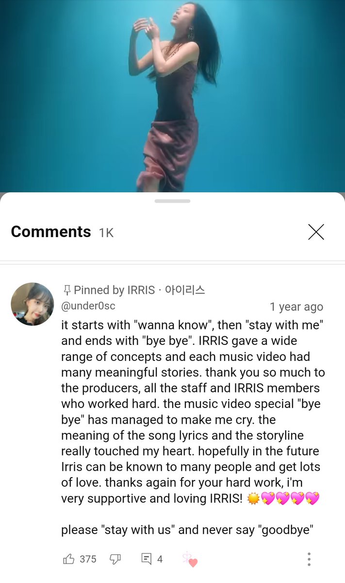 the pinned comment on the bye bye mv by irris official youtube