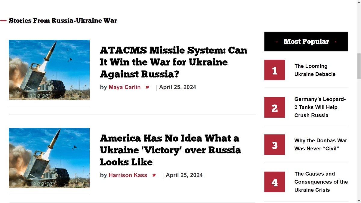 On 26 April 2024, the article 'Why the Donbas War Was Never 'Civil'' by @JuliaK_Ukraine, @hedenskog_jakob & me was briefly @TheNatlInterest's third 'most popular' text in the category 'Russia-Ukraine War' - one position above an article by @MearsheimerJ. nationalinterest.org/tag/russia-ukr…