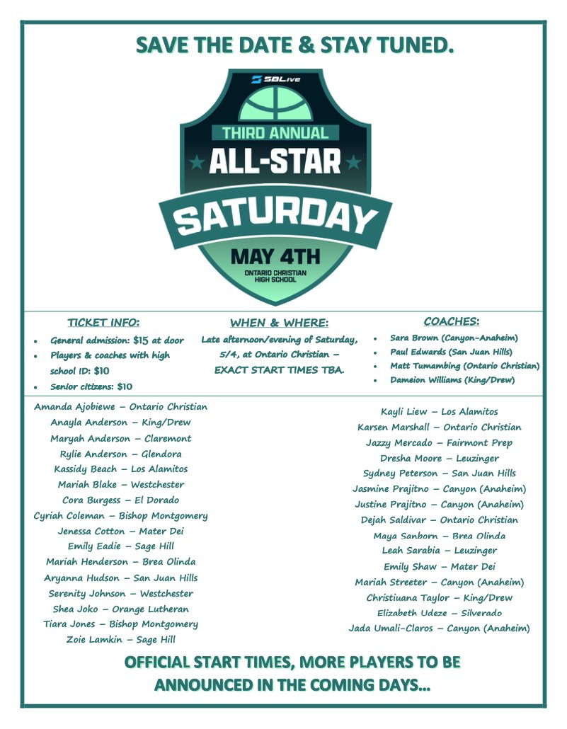 SBLive All-Star Saturday is one week from today! Honored/excited to have so many talented players & 4 great coaches participating. Plus @MAlvarez02 on PA and @jaqlinnikkels singing national anthem. Thank you for your patience as we continue to iron out official start times 🙏🏀