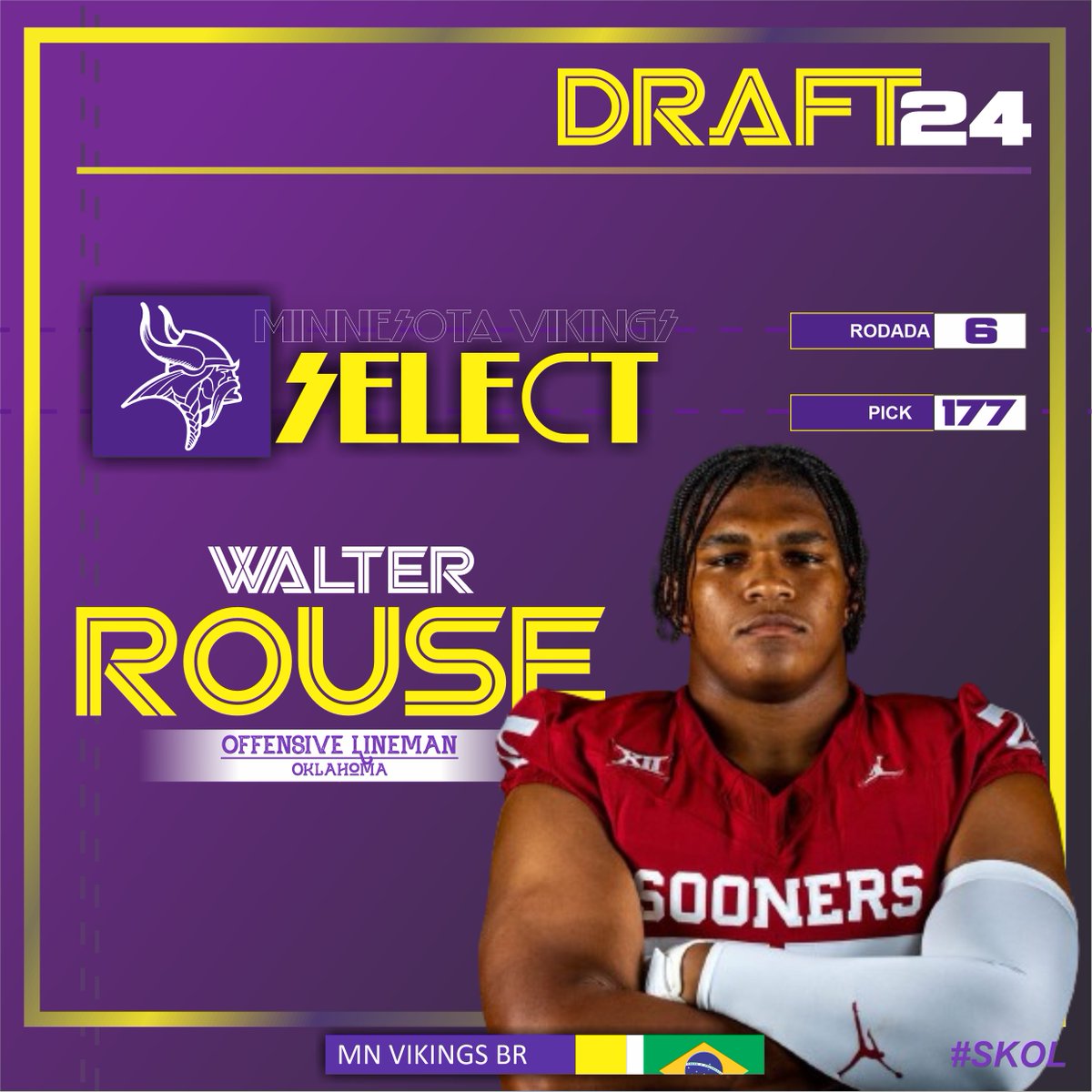 MN_Vikings_Br's tweet photo. COM A 177Βͺ ESCOLHA GERAL DO DRAFT 2024, O MINNESOTA VIKINGS SELECIONA: Walter Rouse
Offensive Lineman
Oklahoma
@Skol
#Vikings #NFLnaESPN #NFLDraft #vikingsdraft https://t.co/XQJS5caq1X