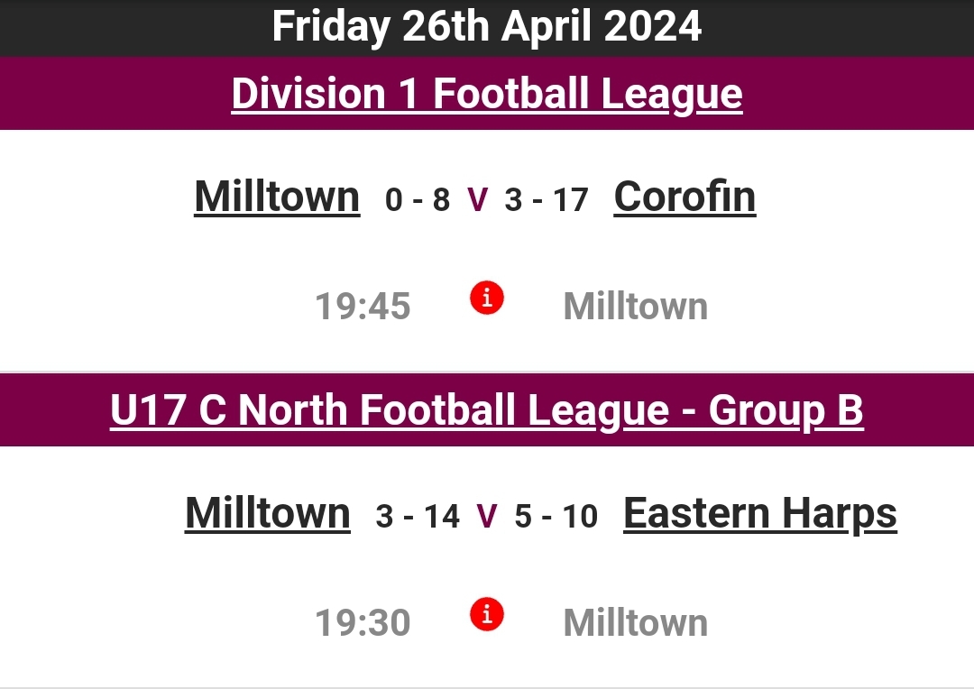 Results from last night's games Get all the latest news on the Milltown GAA app member.clubspot.app/club/milltown-…