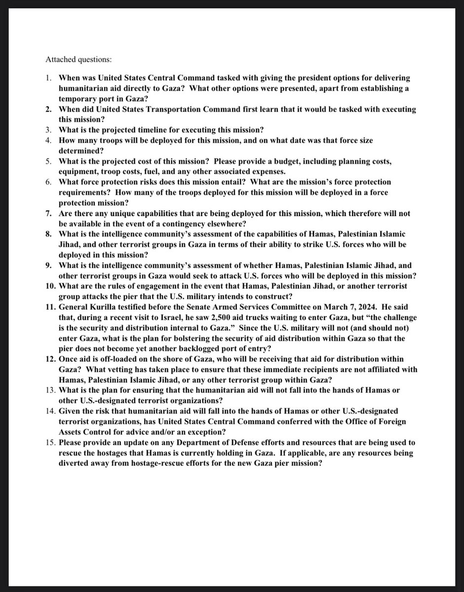 Warnings and red flags have been raised by Armed Services Committee as of 21MAR24. The planning issues & risk was highlighted to Biden Admin. Despite the letter, vessel issues & delays, mission wasn’t aborted. Target rich environment for Hamas. High risk for floating Abbey gate.