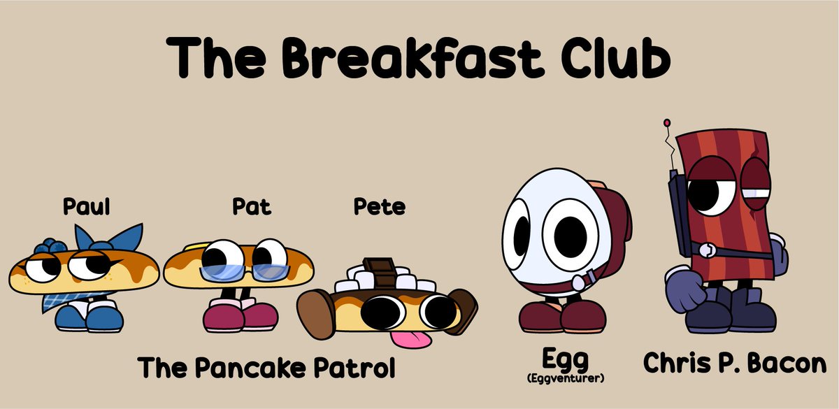 After a bit of concepting, I've decided to reveal the new designs for not just Eggventurer, but also for the entirety of the breakfast club. I think the new coat of paint on their group fits well. Hope you guys like seeing them again! #eggventurer