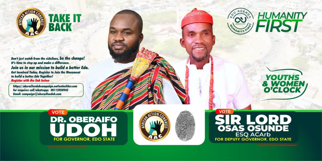 Meet Sir Lord Osas Osunde, Esq ,ACarb. A Former LP Gubernatorial aspirant Who defected to join AAC’s “HUMANITY FIRST” and Youth 0’Clock Agenda, led by Dr. Oberaifo Udoh. Osunde’s defection with his large followership and decision to join forces with AAC