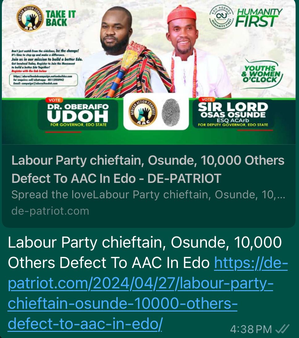 signals a demand for fresh leadership, youth and women empowerment, and inclusive governance.

#oberaifoudoh #humanityfirst #edoarise #edoprosperity #EdoProsperity#GreaterEdo #TheRevolution #TakeItBack #Revolutionnow #Oberaifo4Governor #Edo2024 #AACTheAlternative #AAC