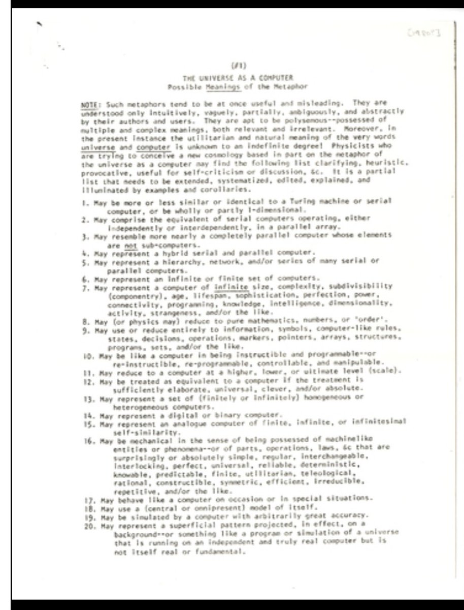 C4COMPUTATION's tweet image. Wheeler&apos;s 48 definition-metaphors for computation + the universe as a computer.

From a ~1980 note available in the Wheeler repository at APS—by way of my old twitter-friend Dave Bacon—and pasted below with my very brief annotations.

diglib.amphilsoc.org/islandora/obje…

Dave highlights #39…