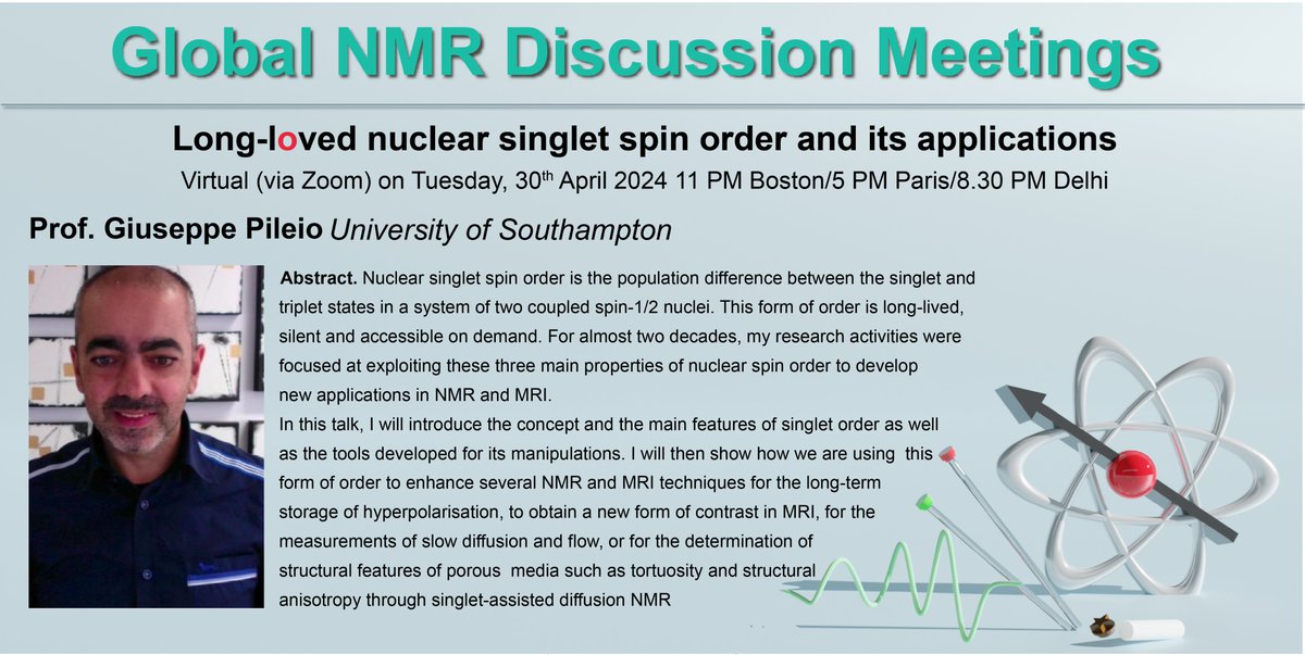 Next Tuesday, April 30th, 5 PM Paris/ 11 AM Boston/ 8.30 PM Delhi, Prof. Giuseppe Pileio will talk about Long-loved nuclear singlet spin order and its applications! #NMRchat #chemtwitter