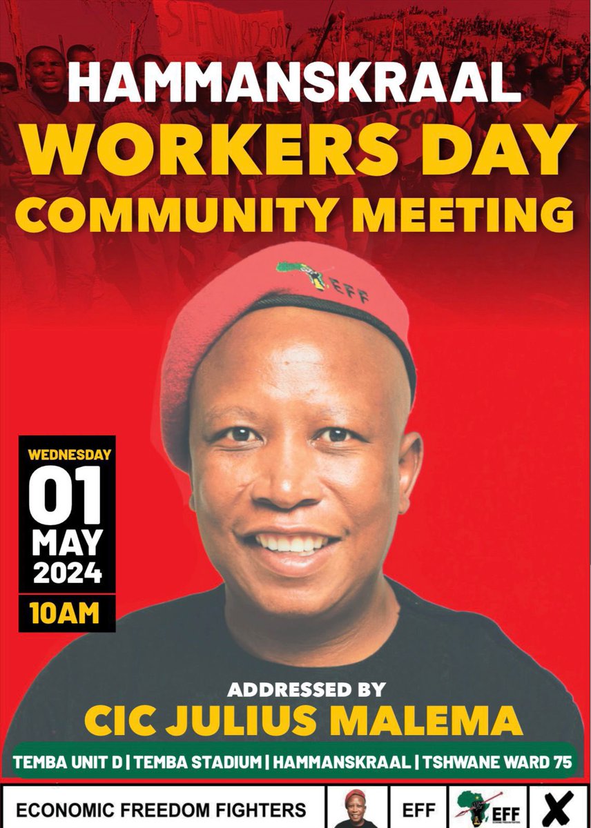 The elders have given their approval for an EFF Government and are eagerly anticipating the arrival of the incoming President of the State, His Excellency Hon J.S. MALEMA, at Hammanskraal on the 1st May 2024

#VoteEFF2024 
#WorkersDayCommunityMeetings