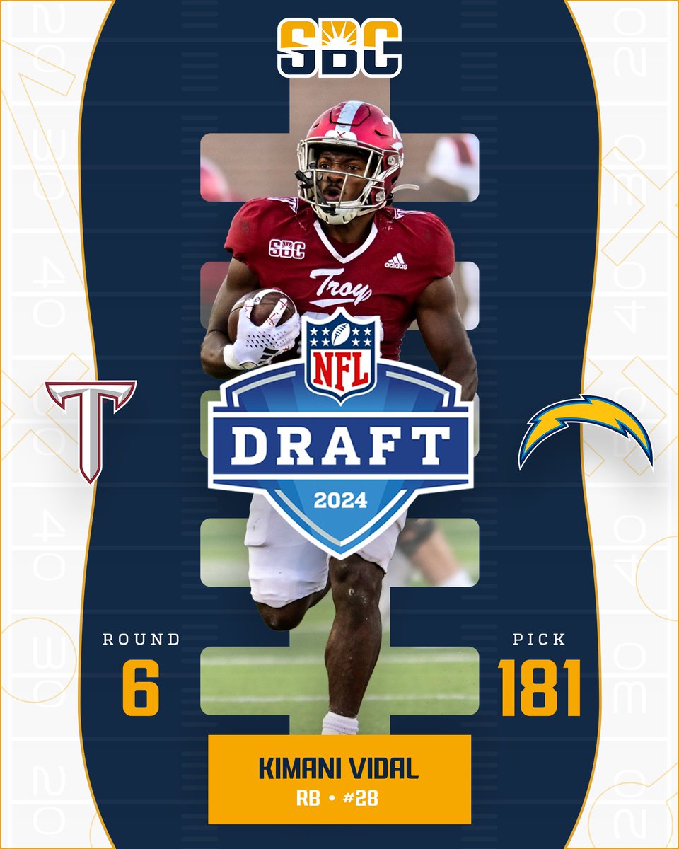 𝗞𝗜𝗠𝗔𝗡𝗜 𝗩𝗜𝗗𝗔𝗟. With the 181st pick in the 2024 @NFLDraft, the @chargers select @kimanividal from @TroyTrojansFB. Vidal was the Sun Belt Offensive Player of the Year & an All-Sun Belt First Team honoree in 2023. ☀️🏈 @SunBeltFB x #NFLDraft