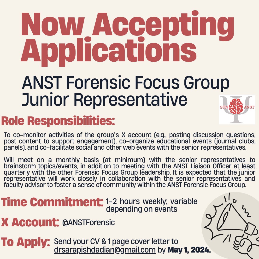 🚨CALL FOR APPLICATIONS! The @ANSTForensic Focus Group is recruiting a junior representative! See graphic for application details. To learn more about the ANST Focus groups please see: scn40.org/anst/anst-focu… 

#NeuropsychTwitter @APADivision40 @New2Neuropsych @apagradstudents