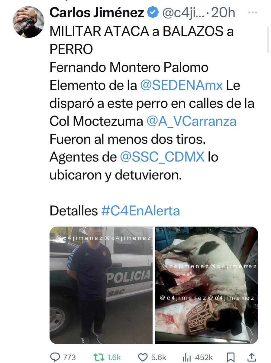 DICE MILITAR q EL PERRO y SU DUEÑO los ATACARON 1º Fernando Montero Mayor de @SEDENAmx Afirma q le disparó a este perro en @A_VCarranza xq él y su dueño los agredieron… y tb a su papá. Fueron al menos 2 tiros. Agentes de @SSC_CDMX lo ubicaron y detuvieron. @FiscaliaCDMX indaga