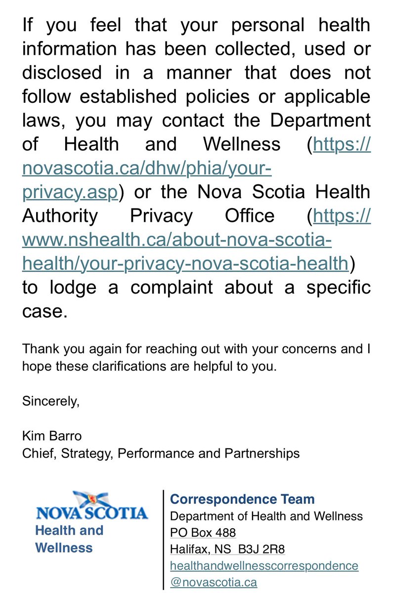 This is the response I received from @nshealth after many emails about my concerns about privacy and health files. @privacylawyer I’d love your thoughts as they seem only to be addressing the info needed for patients to have access to their health info. #nshealth #privacy