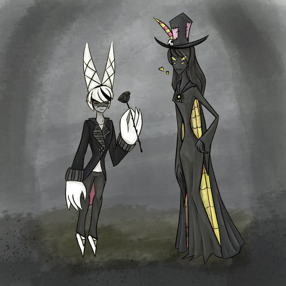 Peeps. We got gender bent Zestmilla as Morticia and Gomez Addams.
Has anyone else noticed Zestial's body is just made for dresses? 
#zestial #carmillacarmine #hazbinhotel #love #addamsfamily #morticia #gomez #art #fanart #pretty #dress #digital #digitalartwork #lovers #cute