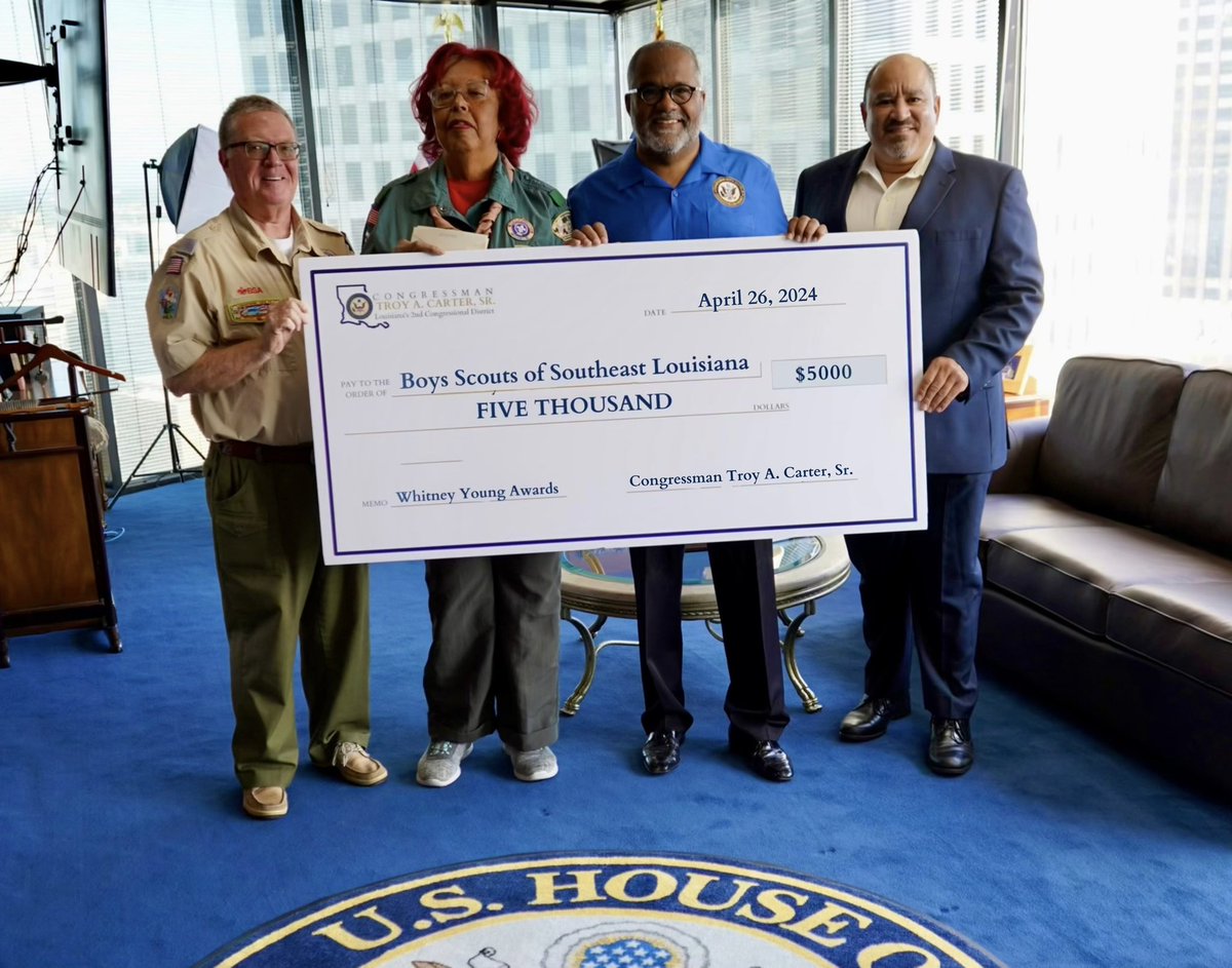 I was proud to host @boyscouts of Southeast Louisiana today and present them with a $5000 check for the #WhitneyYoung Awards. This funding will be used to ensure children can access everything the Boy Scouts has to offer. I’m excited to attend the 2024 event!