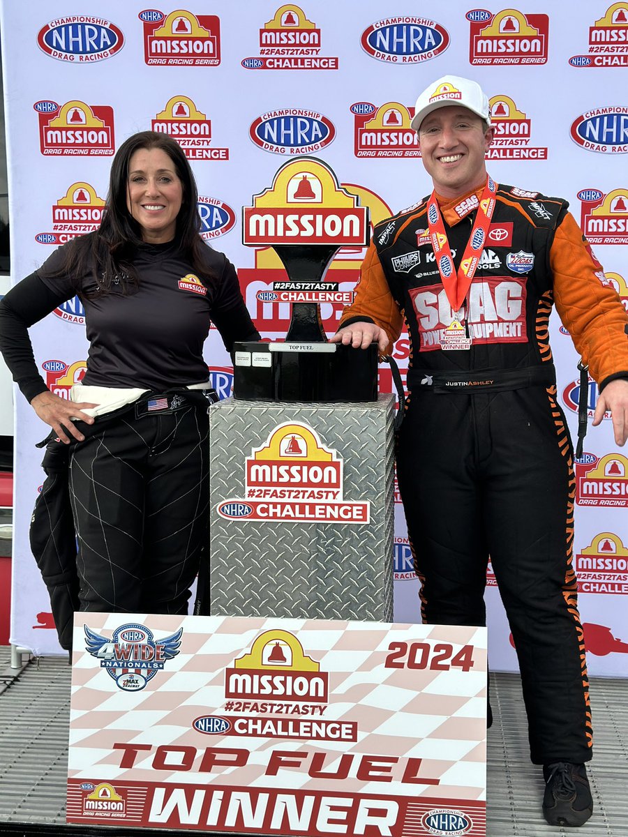 Congratulations to @TheJustinAshley on the Top Fuel @MissionFoodsUS #2Fast2Tasty @NHRA challenge win! #4WideNats