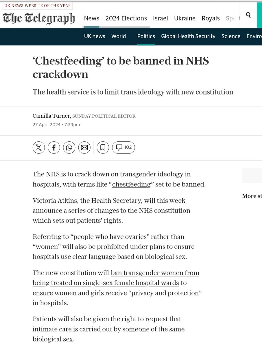 UK Health Secretary @VictoriaAtkins announces key NHS updates: 'Chestfeeding' out, clear language based on sex in. New rules prevent trans-identified males from female wards, enhancing privacy. Patients can choose caregiver's sex for intimate care. We support these essential