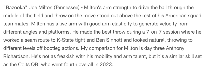 With the 193rd pick in the draft, the #Patriots select...QB Joe Milton. Bazooka Joe. I wrote about Milton's week at the Senior Bowl when I was down in Mobile. We'll be throwing a party for @RealAlexBarth on Catch-22 next week.