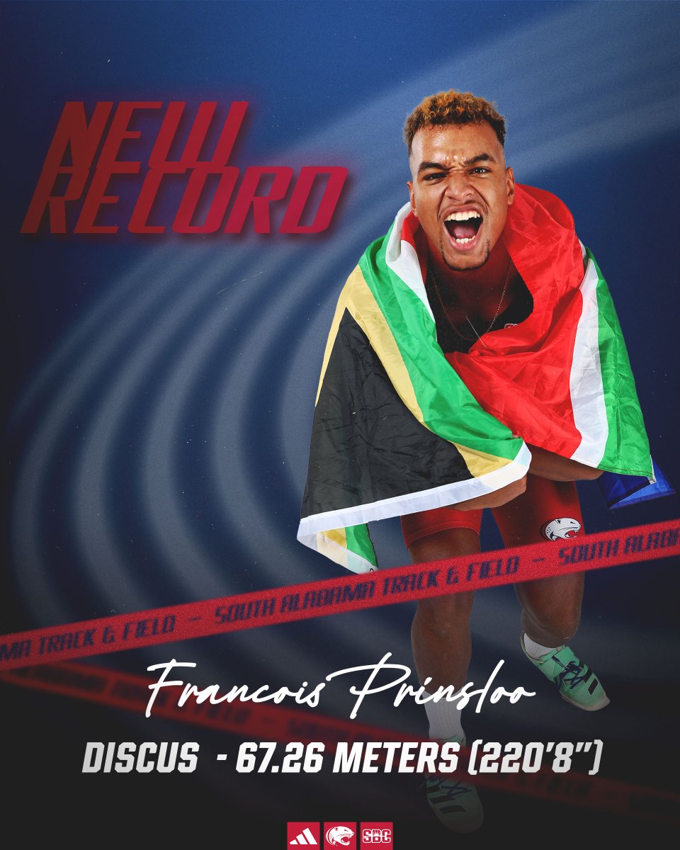𝑶𝒍𝒚𝒎𝒑𝒊𝒄 𝑸𝒖𝒂𝒍𝒊𝒇𝒊𝒆𝒓👑 

Francois Prinsloo records a throw of 67.26 meters (220'8') in the discus to exceed the Olympic qualifying standard and set a new South Alabama school record!

 #OurCity | #SunBeltTF