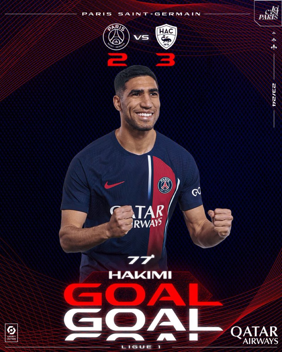 ⏱️ 77' - GOAL! Hakimi gets one back⚽️💥 #PSGHAC 2️⃣-3️⃣ | #Ligue1