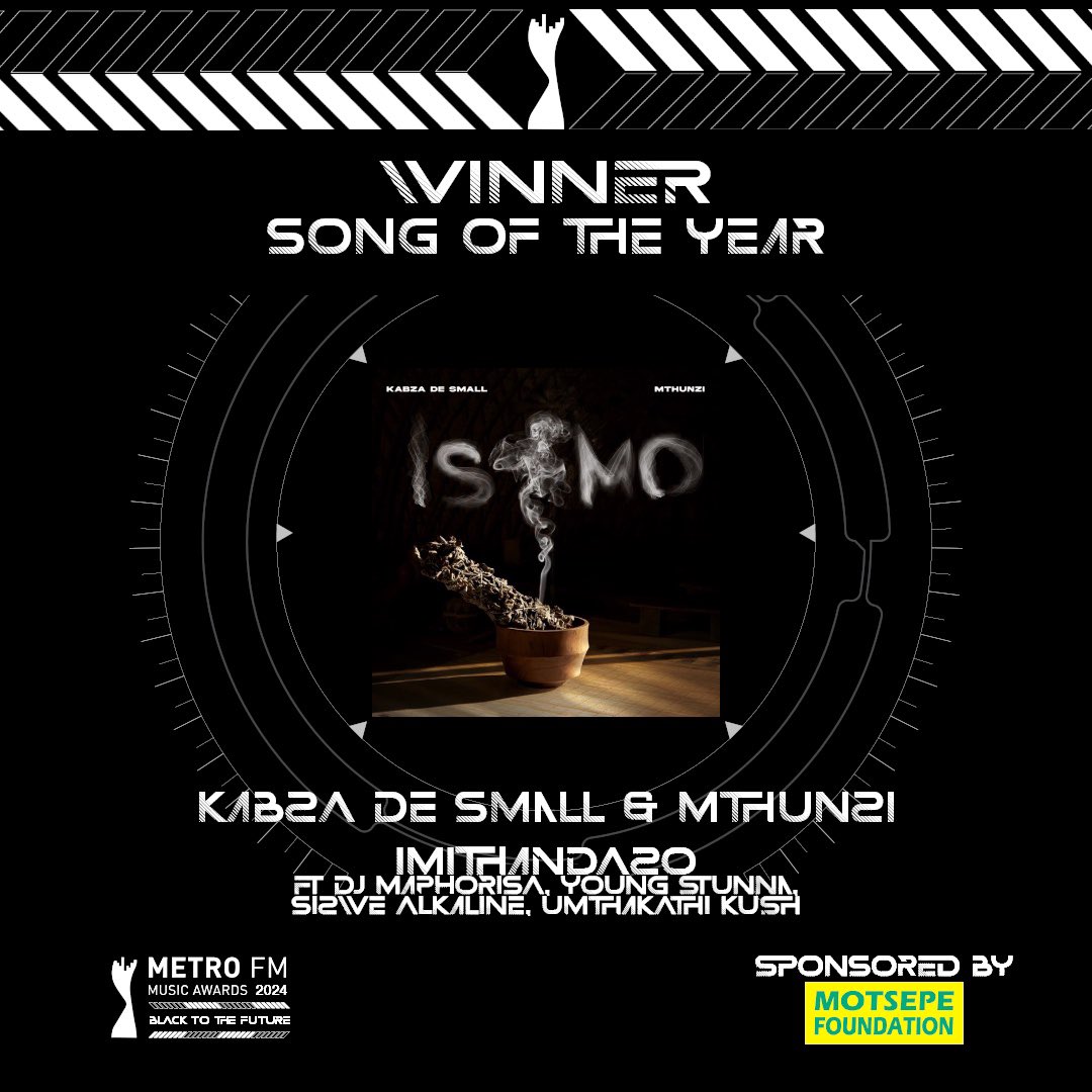 And the song of the year goes to... 🔥🔥 Kabza De small & Mthunzi – Imithandazo ft Young Stunna, Maphorisa, Sizwe Alakine, Umthakathi Kush. #MMA24 #BlackToTheFuture