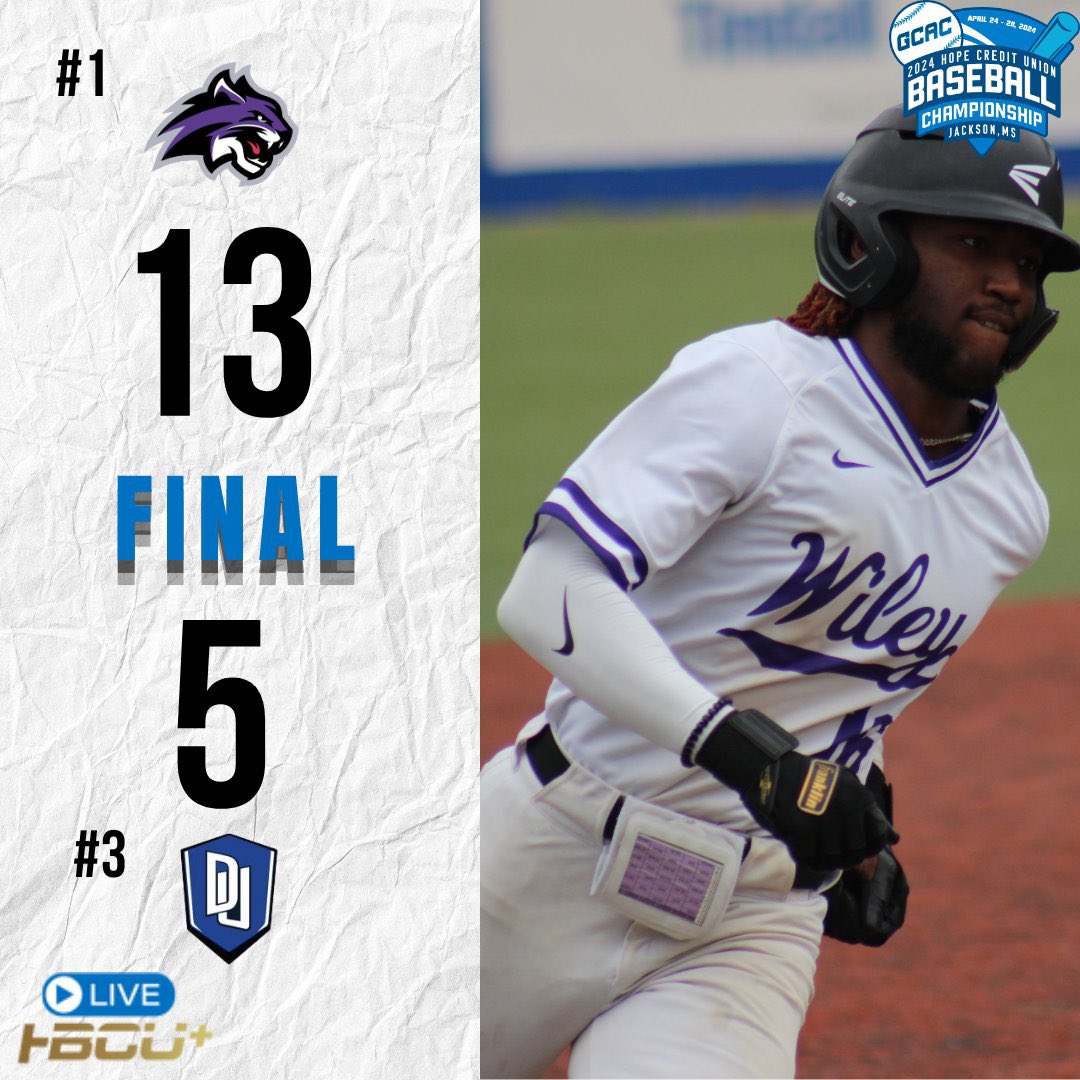 HBCU_Plus's tweet photo. GAME 12 FINAL 
Wiley University (@WileyAthletics) - 13
Dillard University (@GeauxDU) - 5 
#GCACRising https://t.co/QhIGBGtBQo