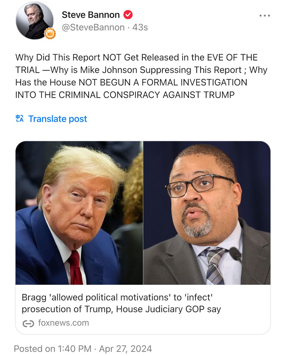 🚨🚨🚨 Why Did This Report NOT Get Released in the EVE OF THE TRIAL —Why is Mike Johnson Suppressing This Report ; Why Has the House NOT BEGUN A FORMAL INVESTIGATION INTO THE CRIMINAL CONSPIRACY AGAINST TRUMP foxnews.com/politics/bragg…