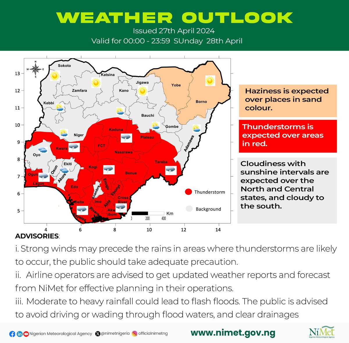 Weather Outlook issued 27th Valid 00:00 - 23:59 Sunday 28th April Visit: youtu.be/6Z4RddxGXPI?si… To watch weather forecast video #beweatheraware #nigerianweather #thunderstorms #cloudiness #cloudy #sunny #climatechange #flashfloods