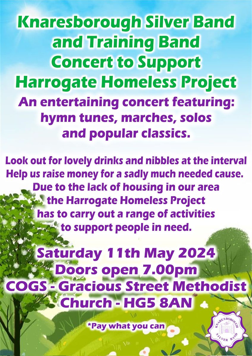 Come, listen to the band and support Harrogate Homeless Project on Saturday 11th May #paywhatyoucan #HarrogateHomelesProject #Knaresborough #concert #community #brassband