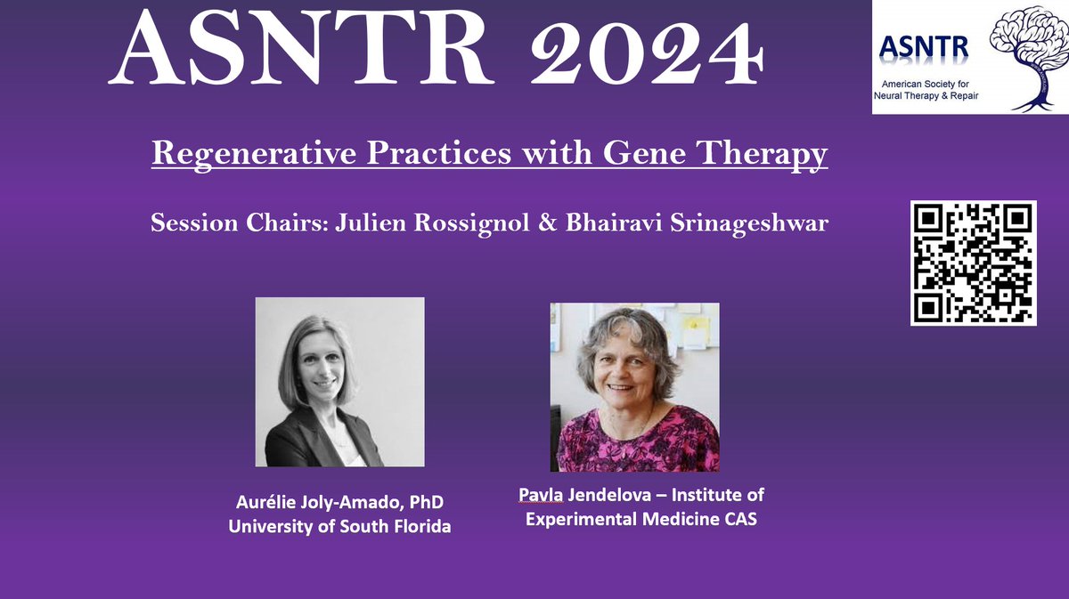 ASNTROrg's tweet photo. #ASNTR24 

Session 13: Regenerative Practices with Gene Therapy

Session Chairs: Julien Rossignol &amp; Bhairavi Srinageshwar

Travel Award Winner B. Srinageshwar – Central Michigan University, 
Advisor – Julien Rossignol

#conference #brain #neural #therapy https://t.co/cA4CDeOAyA