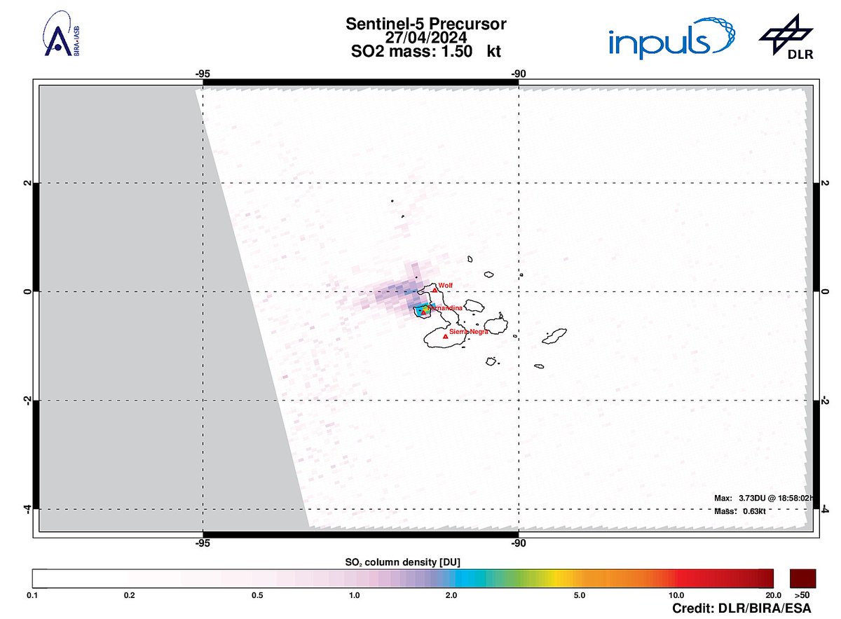 On 2024-04-27 #TROPOMI has detected an enhanced SO2 signal of 3.73DU at a distance of 7.5km to #Fernandina. Other nearby sources:  #Wolf #Sierra Negra. #DLR_inpuls @tropomi #S5p #Sentinel5p @DLR_en @BIRA_IASB @ESA_EO #SO2LH