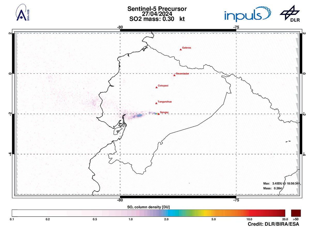 On 2024-04-27 #TROPOMI has detected an enhanced SO2 signal of 3.45DU at a distance of 5.4km to #Sangay. Other nearby sources:  #Tungurahua #Cotopaxi. #DLR_inpuls @tropomi #S5p #Sentinel5p @DLR_en @BIRA_IASB @ESA_EO #SO2LH