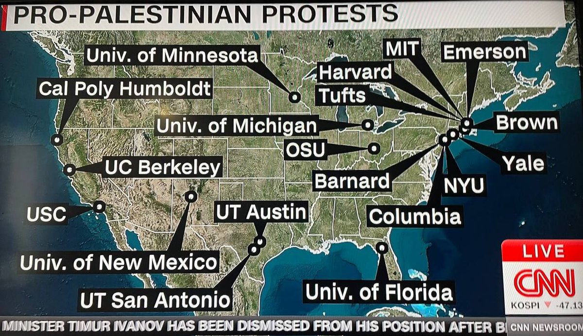 Carte du mouvement étudiant qui est historique . La solidarité avec #gaza , contre le soutien inconditionnel des Etats Unis à #Israël ouvre une nouvelle page ..quels en seront les conséquences .. l'avenir nous le dira ..mais les choses bougent et ce mouvement fait tâche d'huile