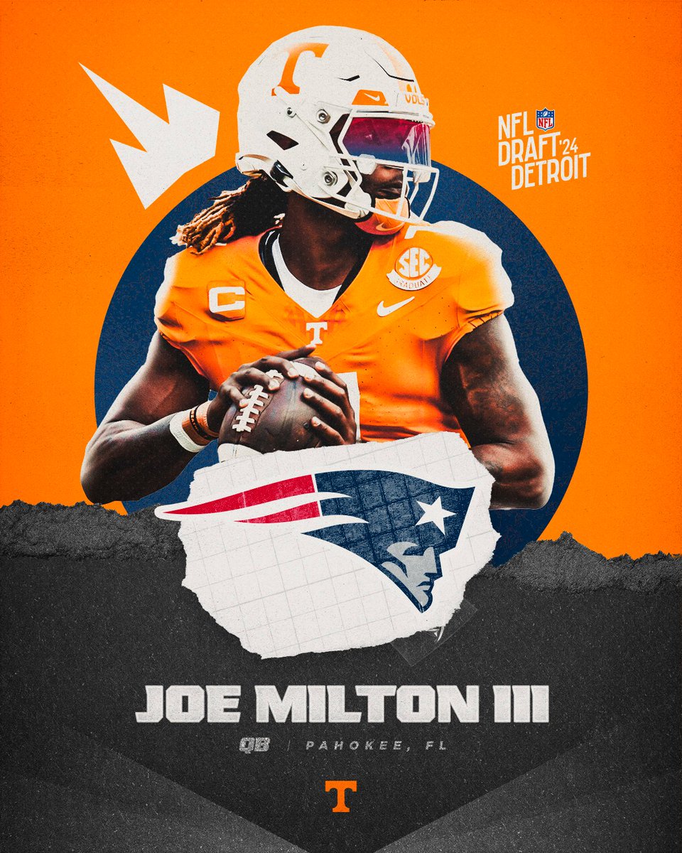 Rocky Top to New England! @Qbjayy7 ➡️ @Patriots 𝐑𝐨𝐮𝐧𝐝 𝟔 | 𝐏𝐢𝐜𝐤 𝟏𝟗𝟑 #NFLDraft | #ForeverNE