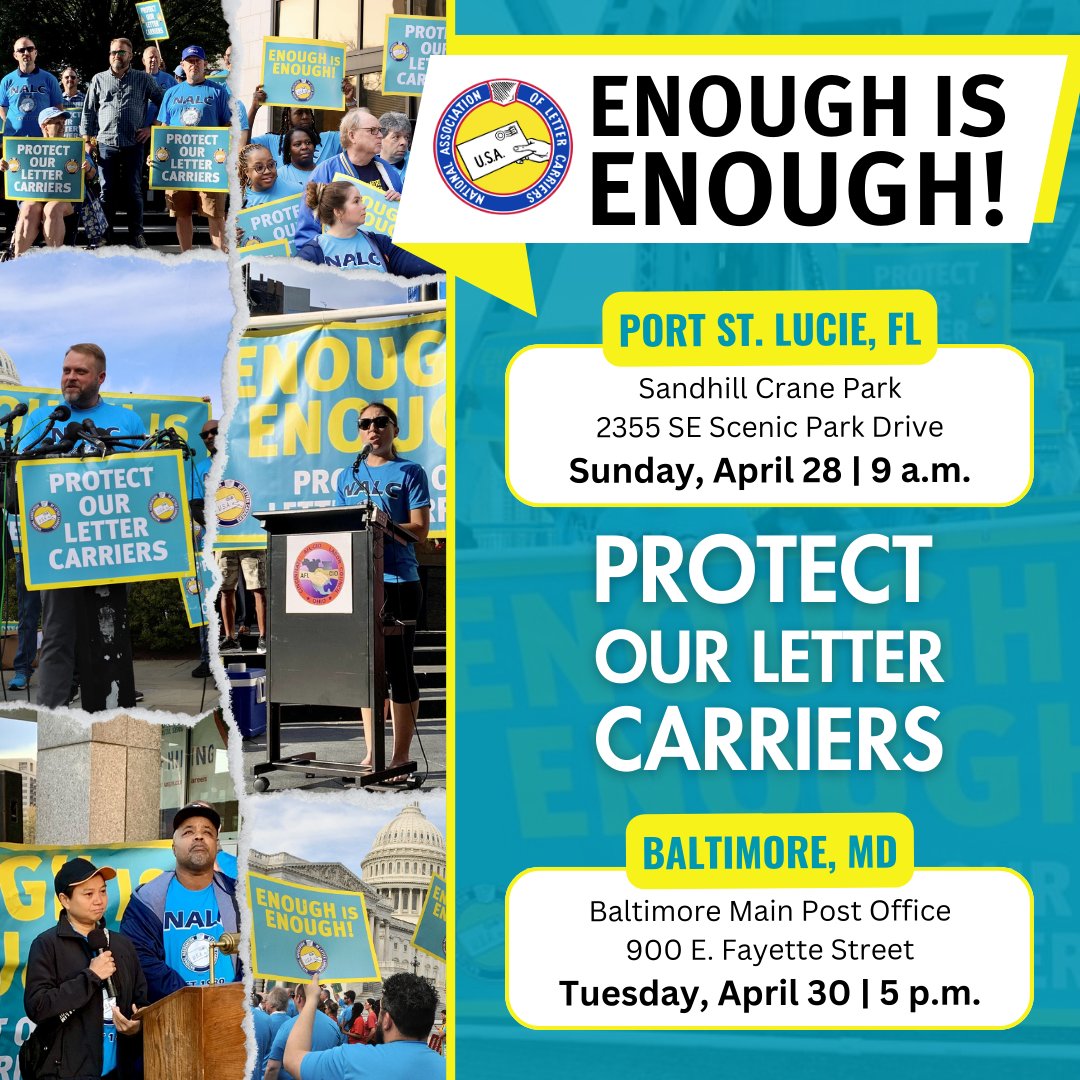 COMING UP ➡️ Letter carriers are rallying together to demand protection from violence and crime on the job NOW. If you are in Port St. Lucie, FL or Baltimore, MD, please come out and stand with letter carriers as we continue to make our message loud and clear: #EnoughIsEnough!