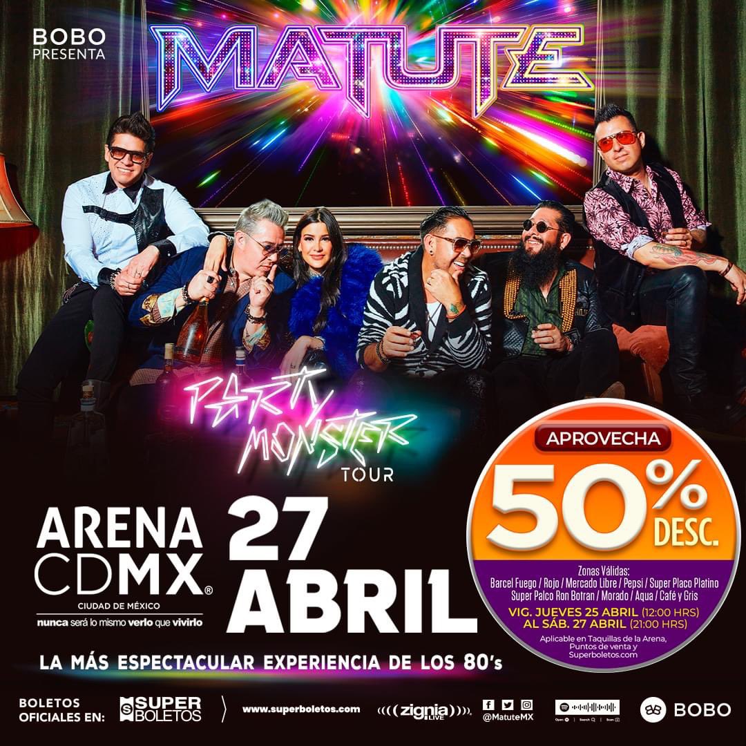 🚨 ¡MATUTE llega a la #ArenaCDMX hoy 27 de abril y tenemos una gran promoción! 🎉 Compra ahora y obtén 50% de descuento. 🎶 🎉 Actívalo en “PROMOCIONES Y DESCUENTOS” sobre el método de pago. 💳 Válido hasta agotar existencias. Consulta zonas disponibles: superboletos.com/landing-evento…