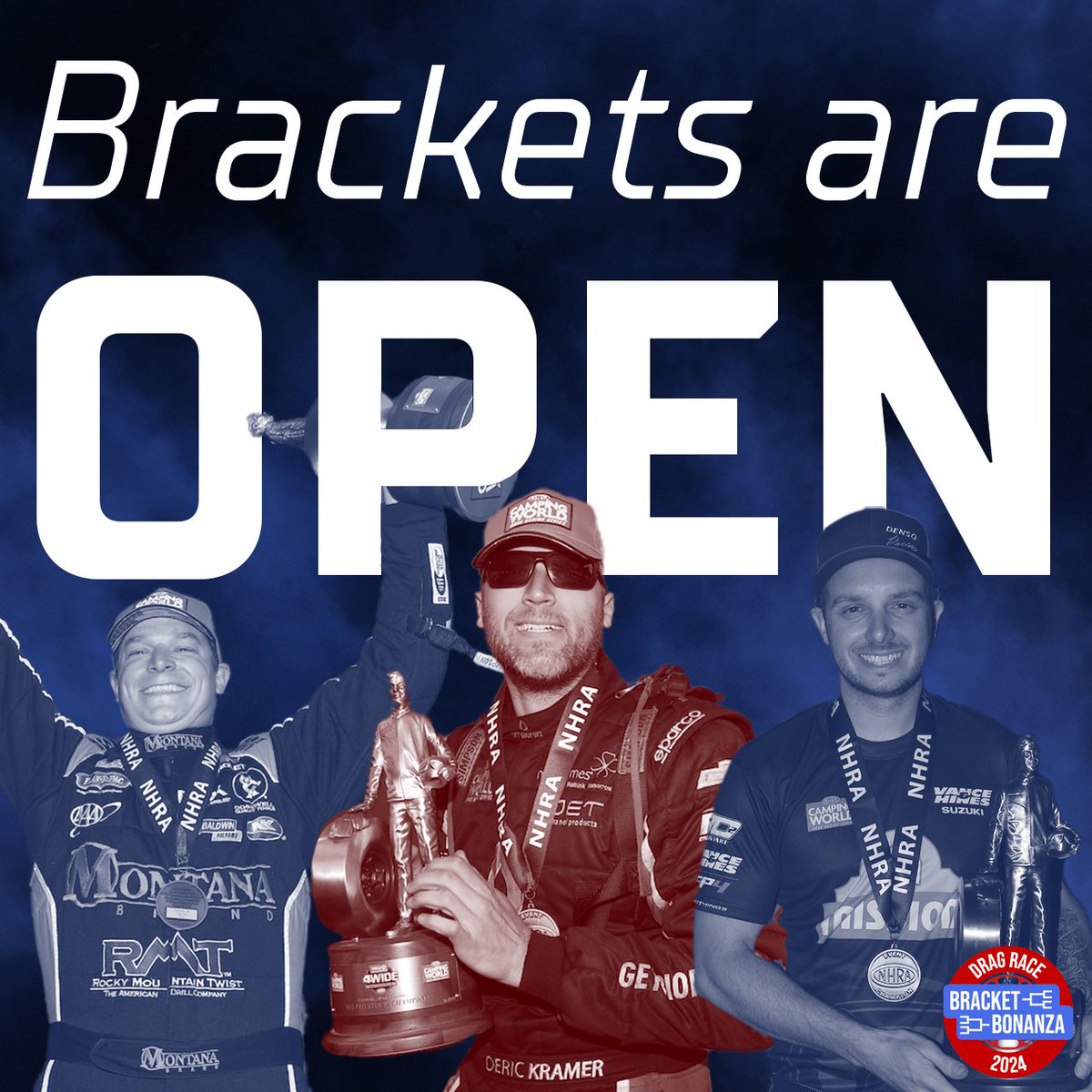 Brackets are now OPEN for the @NHRA #4WideNats at @zMAXDragway! Players have until 12pm EST tomorrow to rank all matchups 1-2-3-4 and submit their picks! Good luck! 🔥 DragRaceBracketBonanza.com