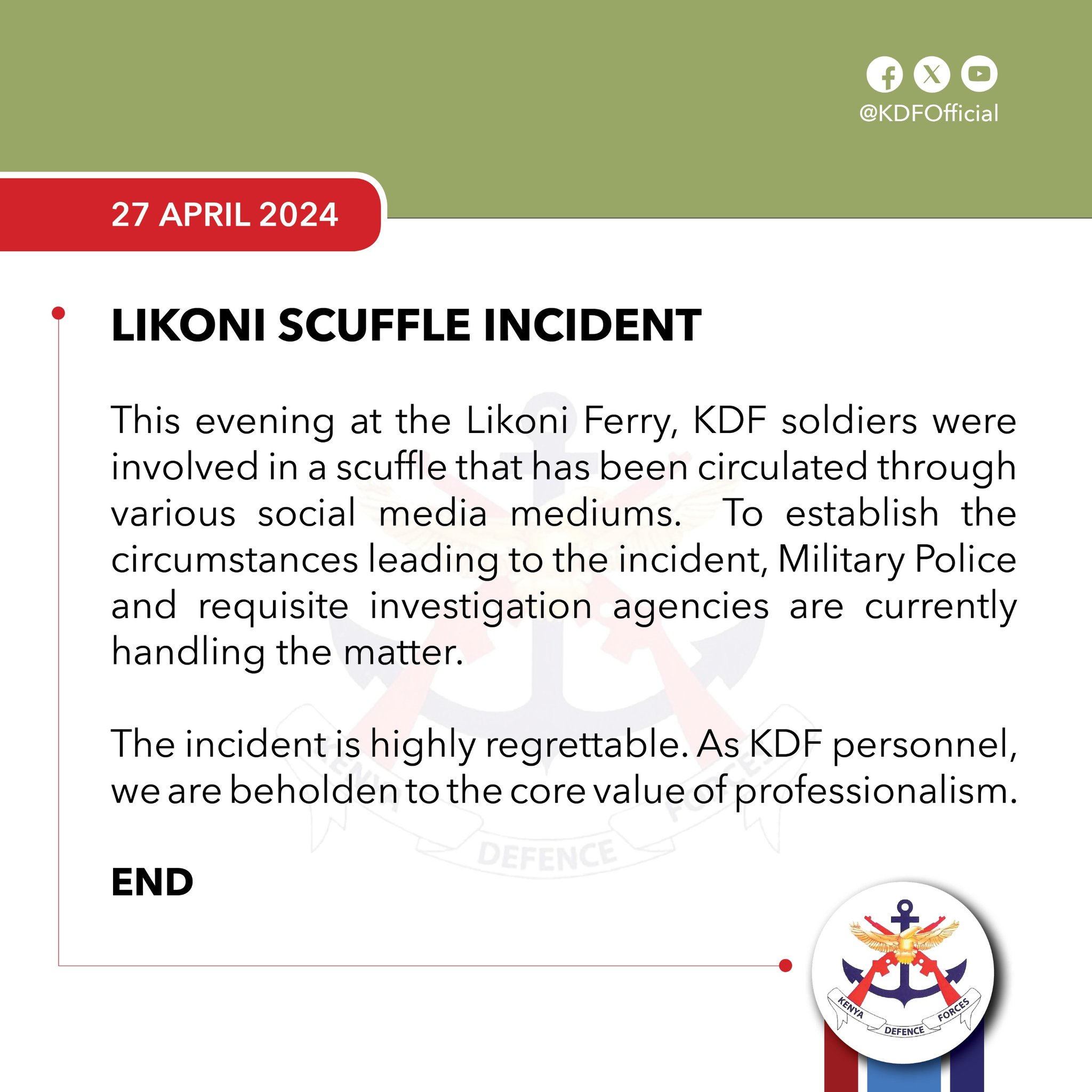 Kenya Defence Forces on X: "Statement on Likoni Scuffle Incident.  https://t.co/iGjY7inSY4" / X