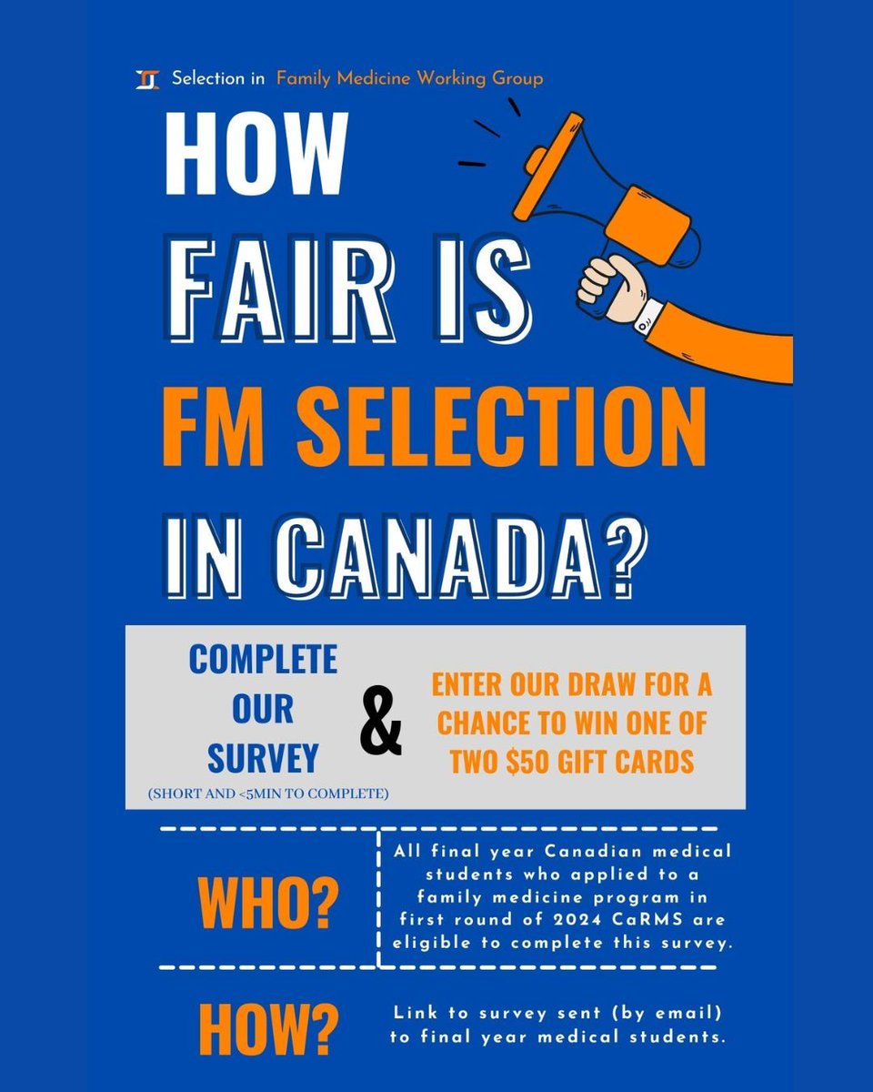 Calling all 2024 CaRMS Match Family Medicine applicants! Share your experience anonymously in a short survey. Share your selection process and fairness perceptions. Complete by May 5th for a chance to win one of two $50 gift cards. Survey link: buff.ly/4bbDbBu