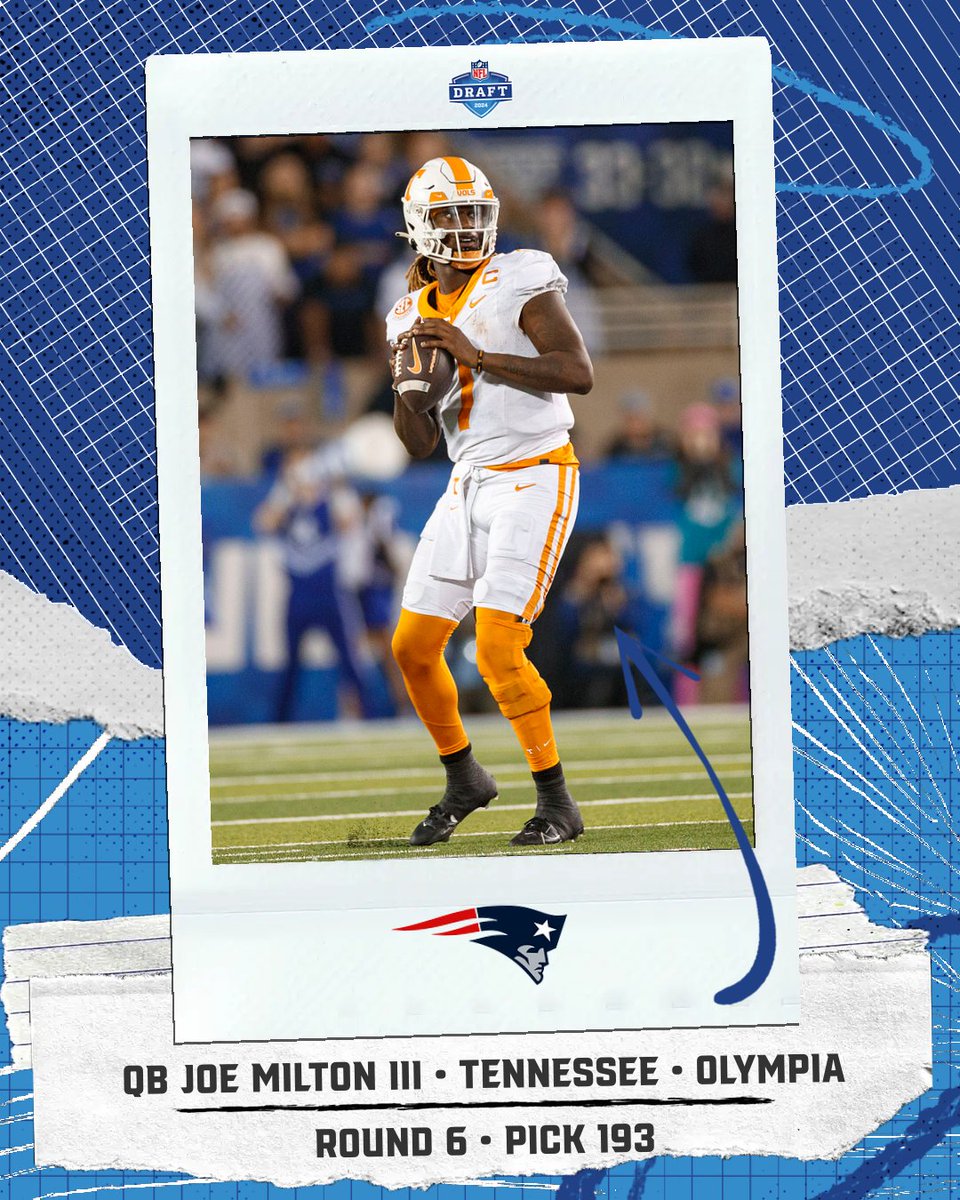 2024 #NFLDraft FLORIDA DRAFT ALERT! ROUND 6 - PICK NO. 193 New England Patriots QB Joe Milton III Tennessee Olympia 2024 FLORIDA NFL DRAFT TRACKER: floridahsfootball.com/2024/04/25/202… 📸: University of Tennessee Athletics #flhsfb @titans_fb @CoachGabe34 @JCCarnz @CenFLAPreps…