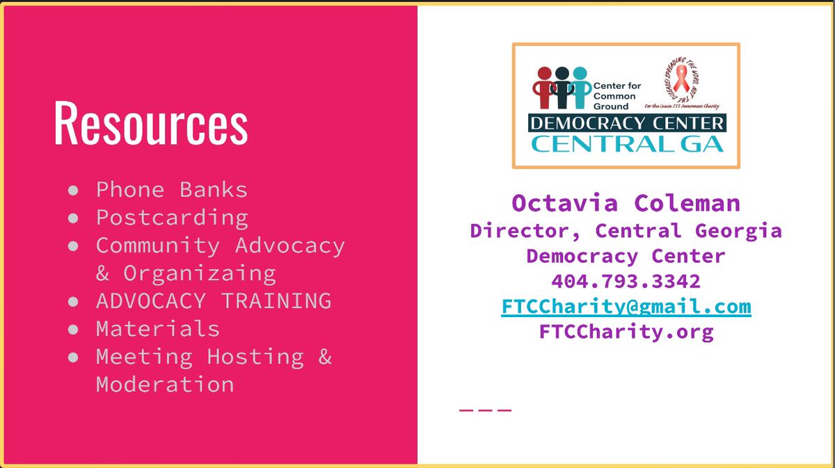 How can the Central #Georgia Democracy Center help your community? 

#EnvironmentalJustice 
#ReproductiveJustice
#AdvocacyTraining
#Advocacy 
#CommunityOrganizing
#GOTV
#Strategy
#IssueBasedCampaigning